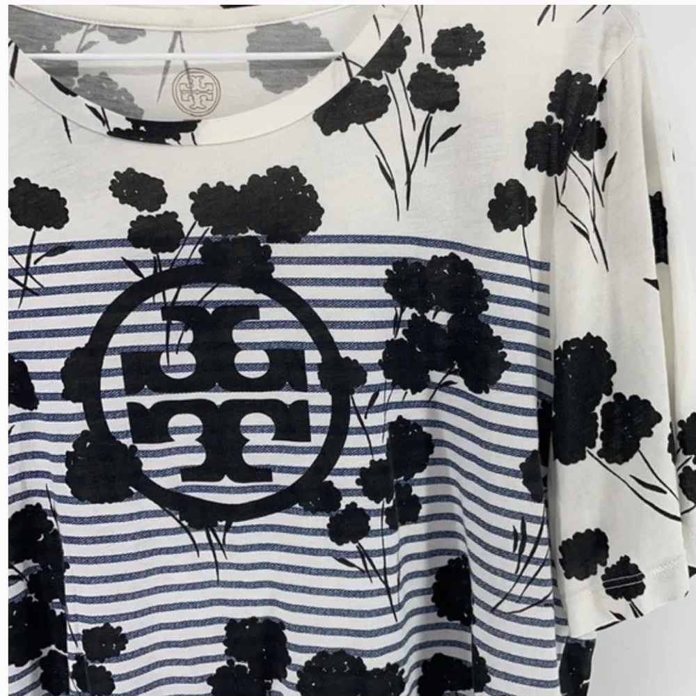 Tory Burch Floral Striped Tee SIZE: Small